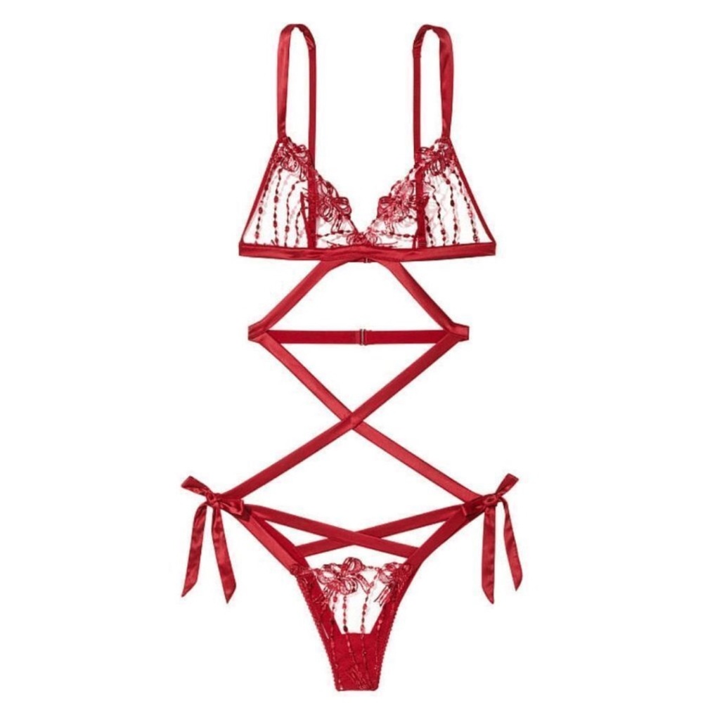 Victoria’s Secret red lace Teddy ribbons & foil embroidery nwt XL